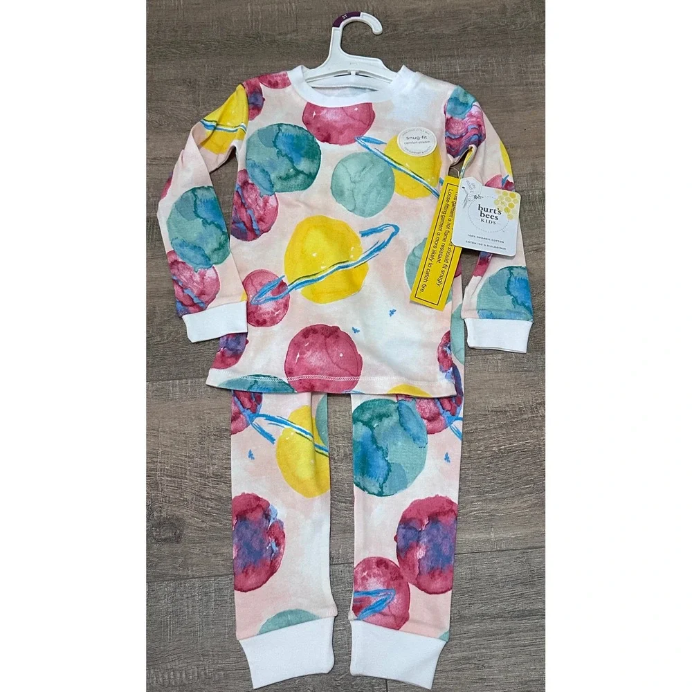 Burt's Bees Kids Organic Cotton Pajamas 3T Snug Fit Space Planet Watercolor Set